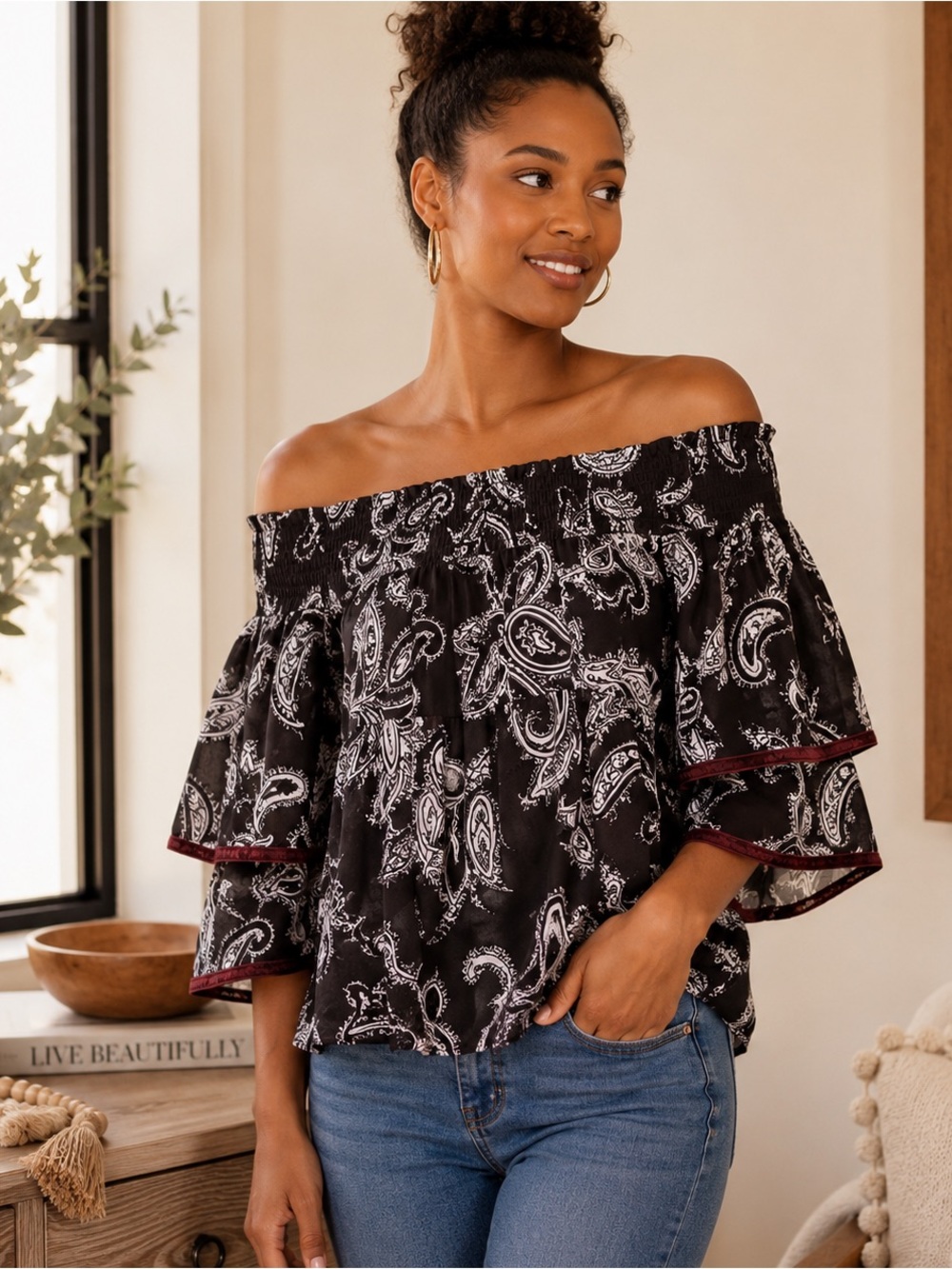 NWT LOFT Paisley Off The Shoulder Ruffle Top Size LP